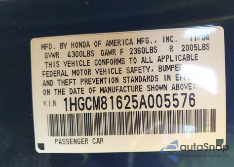 2005 Honda Accord 3.0 Ex из США, поврежденный, VIN 1HGCM81625A005576